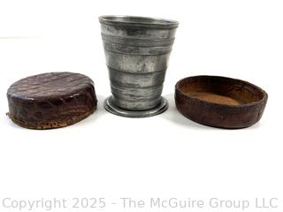 Antique POCKET SIZE Collapsible FOLDING Metal Travel CUP With Leather Case