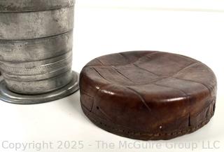 Antique POCKET SIZE Collapsible FOLDING Metal Travel CUP With Leather Case