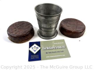 Antique POCKET SIZE Collapsible FOLDING Metal Travel CUP With Leather Case