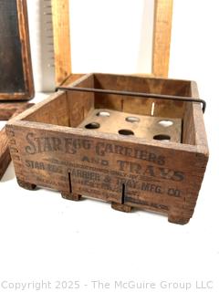 Four (4) wooden frames/trays: egg crate, frame and odd items