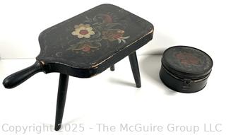 Tole painted items: 3-leg tray, covered tin