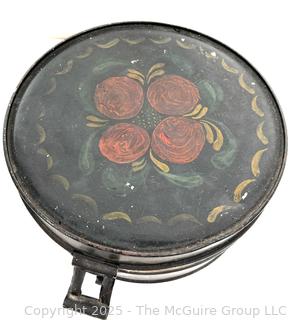 Tole painted items: 3-leg tray, covered tin