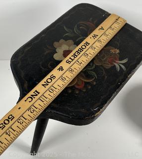 Tole painted items: 3-leg tray, covered tin