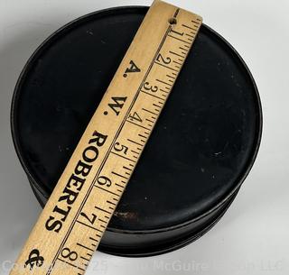 Tole painted items: 3-leg tray, covered tin