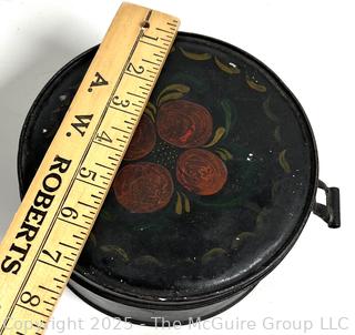 Tole painted items: 3-leg tray, covered tin
