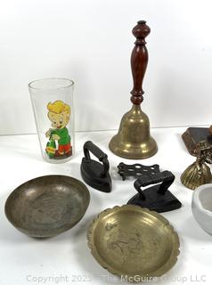 ???????? Eclectic grouping: SAD Irons and trivet; bronzed baby shoe; ceramic mortar; metal bowls; etc