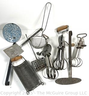 Antique kitchen tools: graters, strainers, hand mixers