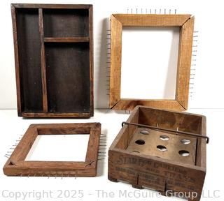 Four (4) wooden frames/trays: egg crate, frame and odd items
