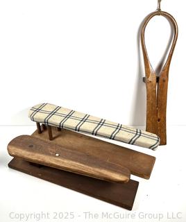 Two (2) vintage ironing boards and unknown tool