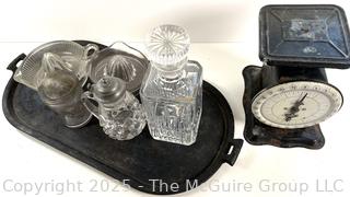 Oval cast iron skillet, glass kitchen items and spring-loaded scale
