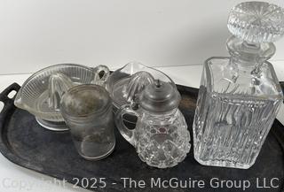 Oval cast iron skillet, glass kitchen items and spring-loaded scale