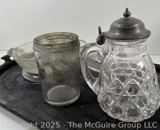 Oval cast iron skillet, glass kitchen items and spring-loaded scale