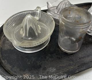 Oval cast iron skillet, glass kitchen items and spring-loaded scale