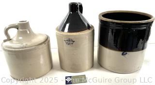 Two (2) stoneware jugs and open crock