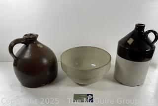 Two stoneware jugs and large mixing bowl