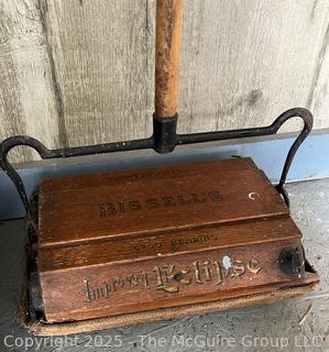 Antique floor cleaners: Vintage Antique Bissell Wooden Floor Rug Sweeper Vacuum Cyco Bearing Cast Iron; and Early Wood Domestic Vacuum Sweeper Peoria Illinois 1910