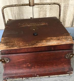 Antique floor cleaners: Vintage Antique Bissell Wooden Floor Rug Sweeper Vacuum Cyco Bearing Cast Iron; and Early Wood Domestic Vacuum Sweeper Peoria Illinois 1910