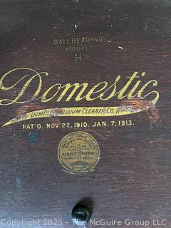Antique floor cleaners: Vintage Antique Bissell Wooden Floor Rug Sweeper Vacuum Cyco Bearing Cast Iron; and Early Wood Domestic Vacuum Sweeper Peoria Illinois 1910