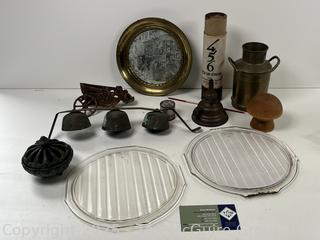 ???????? Eclectic grouping: Ford headlights; bells; pick-up sticks; sock darner form; odds and ends