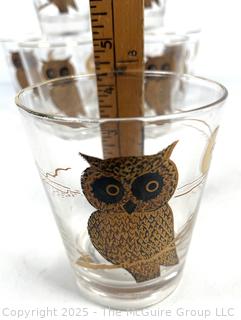 Set of (8) Mid Century Couroc of Monterey Gold Trimmed Owl Bar Glasses