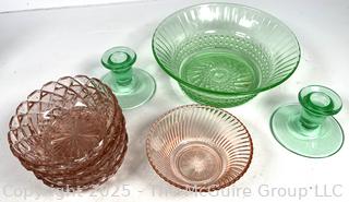 Five (5) Pieces of Depression Glass Including Uranium Glass