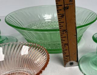 Five (5) Pieces of Depression Glass Including Uranium Glass