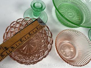 Five (5) Pieces of Depression Glass Including Uranium Glass