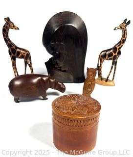 African Carved Wood Animals, Statue and Box