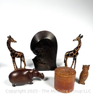 African Carved Wood Animals, Statue and Box