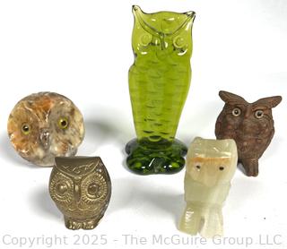 Five (5) Owl Figurines in Stone and Glass
