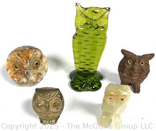 Five (5) Owl Figurines in Stone and Glass