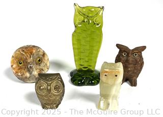 Five (5) Owl Figurines in Stone and Glass
