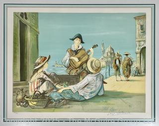 Framed Under Glass Color Signed and Numbered Lithograph Titled Harlequin in Venice by Jacques Lalande Lithographe