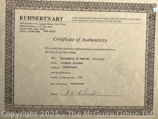 Framed Under Glass Color Signed and Numbered Lithograph Titled Harlequin in Venice by Jacques Lalande Lithographe