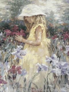 Large Framed Under Glass Print of Young Girl in Flowers by Artist Rucker. 