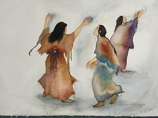 Framed Under Glass Original Watercolor Titled "Bringing Down the Moon" by Artist Carol Grigg.  35.5" x 43".