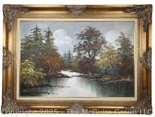 Large Framed Oil on Canvas of River Landscape Signed by Artist Thompson. 34" x 46"