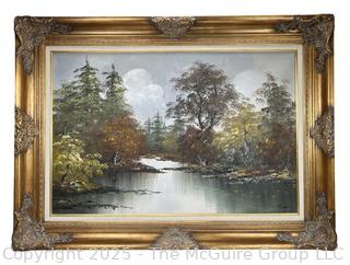 Large Framed Oil on Canvas of River Landscape Signed by Artist Thompson. 34" x 46"