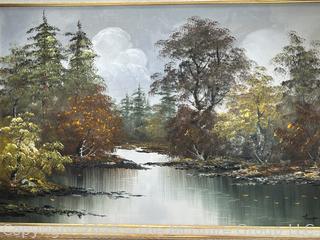 Large Framed Oil on Canvas of River Landscape Signed by Artist Thompson. 34" x 46"