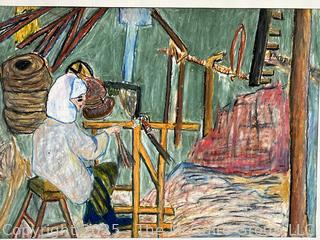 Unframed Pastel on Paper of Weaver by Japanese Art Student