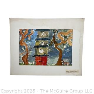 Unframed Pastel on Paper of Temple by Japanese Art Student