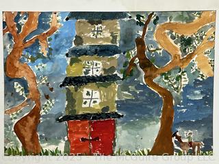 Unframed Pastel on Paper of Temple by Japanese Art Student