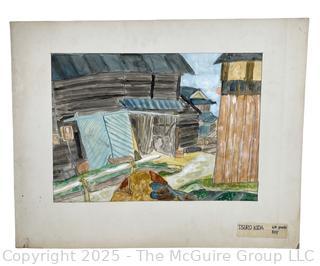 Unframed Paint and Pen on Paper of House by Japanese Art Student.