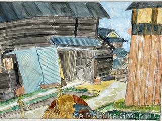 Unframed Paint and Pen on Paper of House by Japanese Art Student.