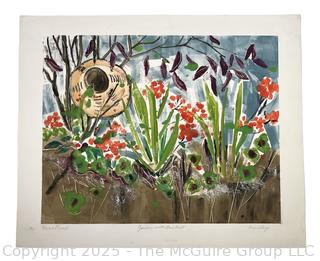 Unframed Mono Colored Print of Garden with Basket. Signed by Artist Joan Miller Linsley. 19 x 24"