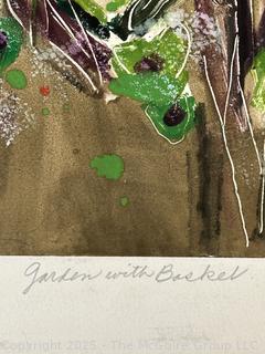 Unframed Mono Colored Print of Garden with Basket. Signed by Artist Joan Miller Linsley. 19 x 24"