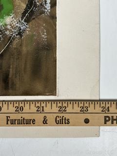 Unframed Mono Colored Print of Garden with Basket. Signed by Artist Joan Miller Linsley. 19 x 24"