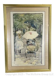 Large Framed Under Glass Print of Woman Pushing A Perambulator by Maurice Prendergast. 30 x 43"
