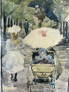 Large Framed Under Glass Print of Woman Pushing A Perambulator by Maurice Prendergast. 30 x 43"