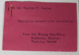 From the Estate of US Army Col. Charles F. Coates, the Recipient of WW II Legion of Merit and Silver Star Honors, his Military Memorabilia Circa 1958-59 While Serving in Taiwan as a Senior Military Advisor (MAAG) to the ROC Second Field Army.  Items Include Correspondence, Citations, Banners, Photos,  and Gifts Presented to Him by Major General Chang Yat-San, National Chinese Army, of 8th-14th Century  Coins Excavated From Pescadores Islands.  See the more than 200 Photos Posted in the Photo Gallery. Historical Military and Political Interest.   